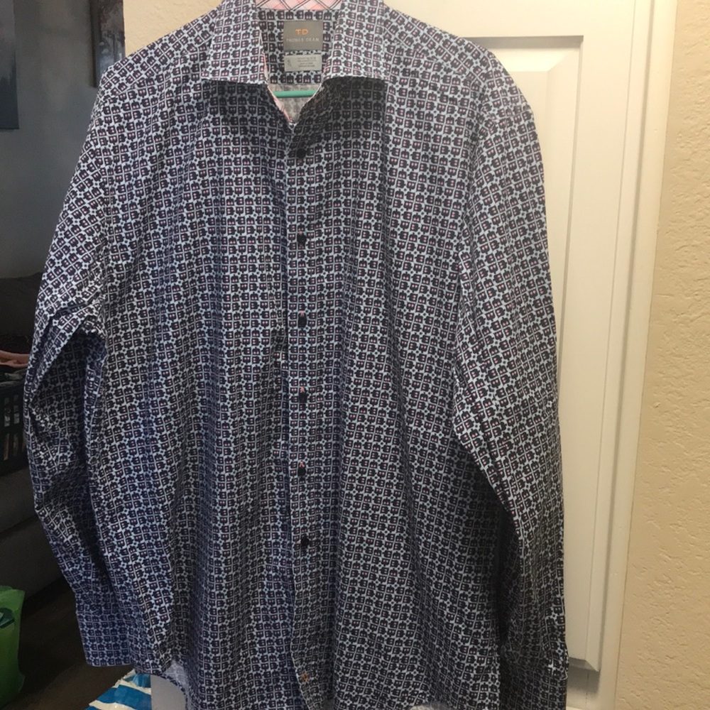 Mens TD Thomas Dean 100% cotton blue, navy and pink patterned button down shirt